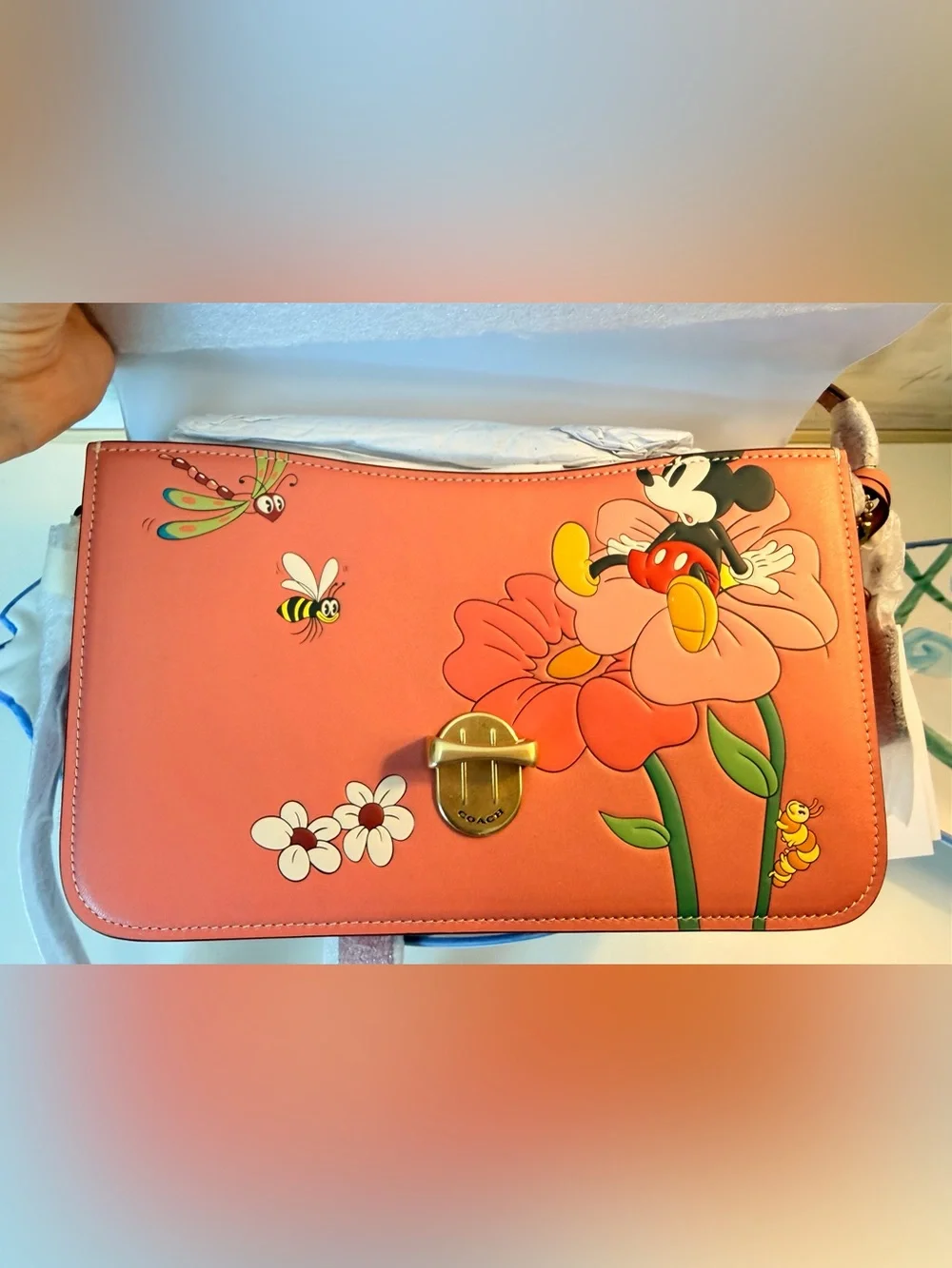 Coach Coral Pink Mickey Mouse Floral Crossbody Bag NWOT - Picture 7 of 9